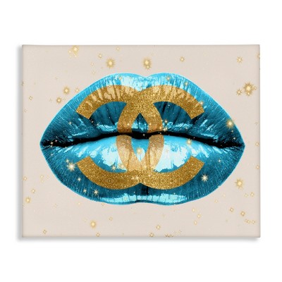 Stupell Industries Designer Fashion Logo Lustrous Blue Lipstick Lips Canvas Wall Art