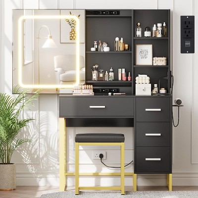 Vanity Desk with Mirror and Lights, Makeup Vanity Desk with Sliding LED Lighted Mirror, Power Outlet