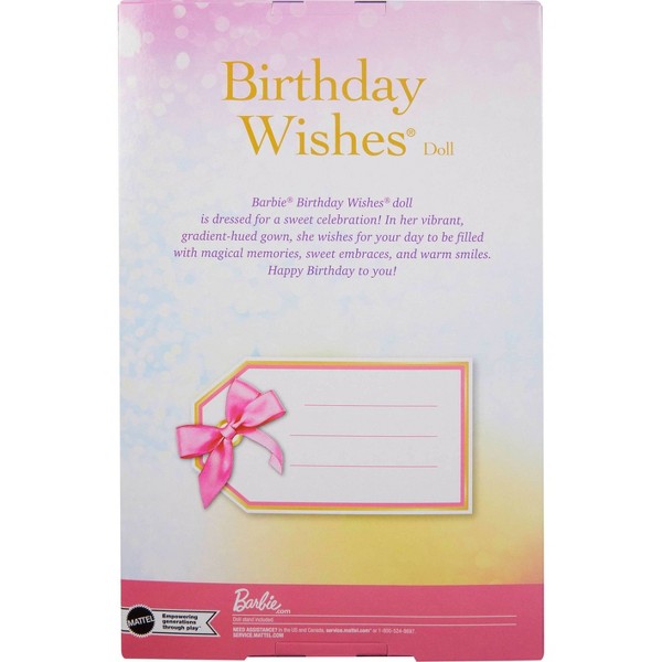 Muñeca Barbie Signature Birthday Wishes con cabello castaño y vestido con efecto arcoíris pastel 6