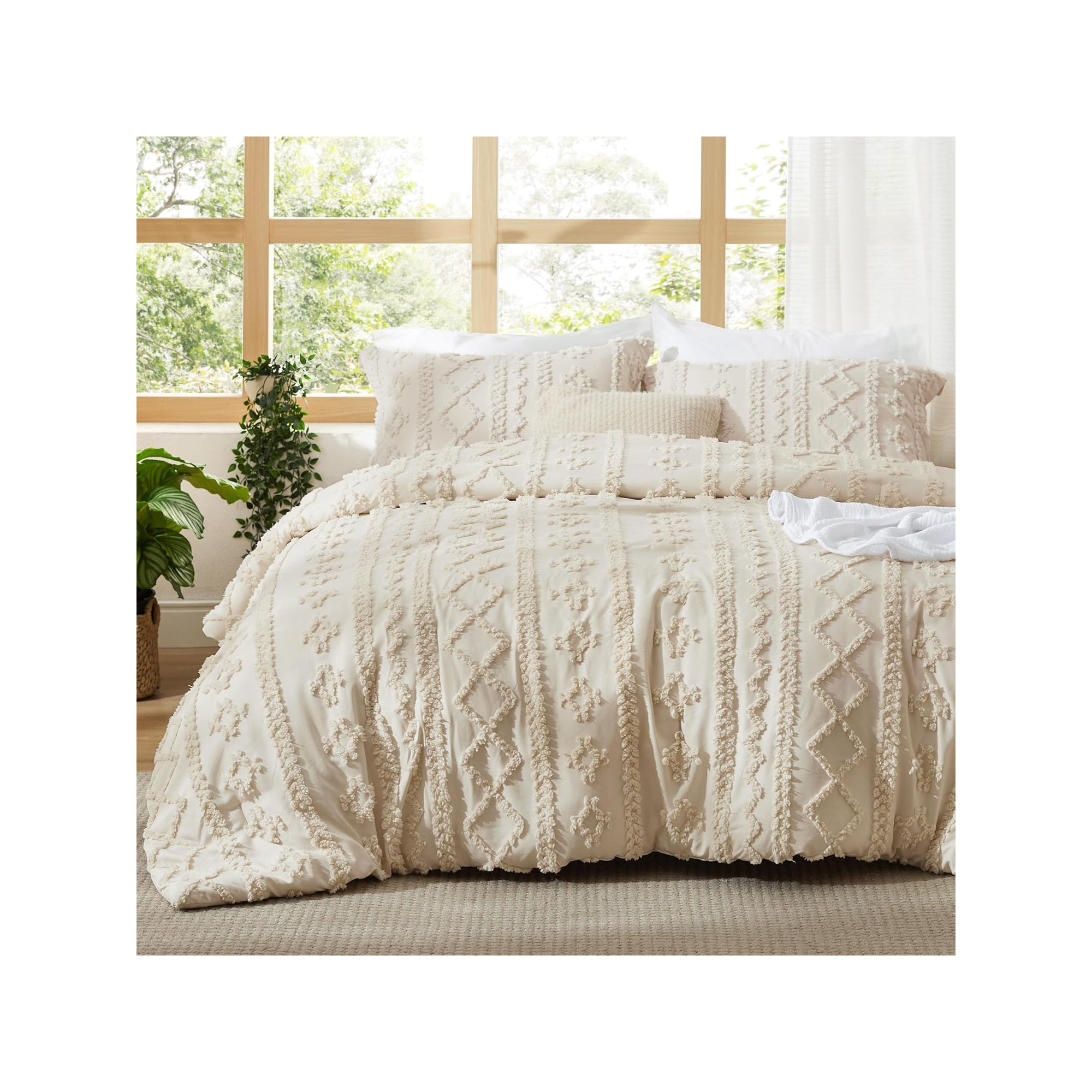3Pcs Tufted Boho Farmhouse Shabby Chic Embroidery Beige King Size Comforter Set - Bedsure