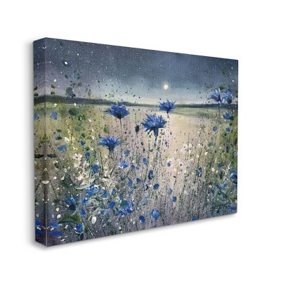 Blooming Blue Flowers Night Moon Landscape Canvas Art