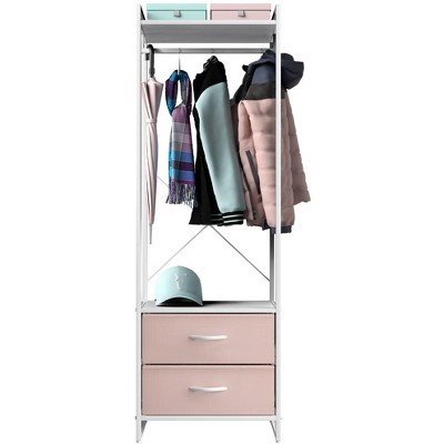 Pink and White Portable Steel Clothing Rack with Wood Top and Drawers