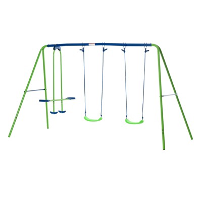 DSVIMOY Swing Set with Glider, Two Swing Seats and Adjustable Height, Outdoor A-Frame Suitable for Playground, Backyard, Green, 110.3"*55"*70"