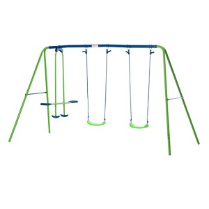 DSVIMOY Swing Set with Glider, Two Swing Seats and Adjustable Height, Outdoor A-Frame Suitable for Playground, Backyard, Green, 110.3"*55"*70" - 1 of 4