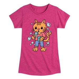 Girls' - Instant Message - Cat Blowing Bubbles Fitted Short Sleeve Graphic T-Shirt - 1 of 4