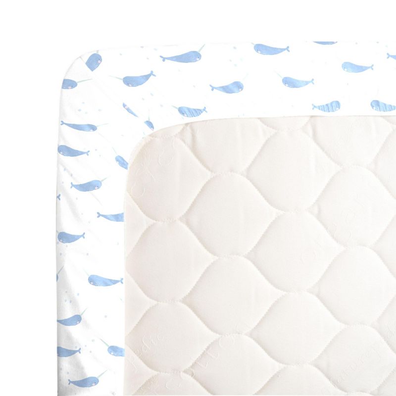 NoJo Super Soft Blue and White Watercolor Narwhal Fitted Mini Crib Sheet, 3 of 4