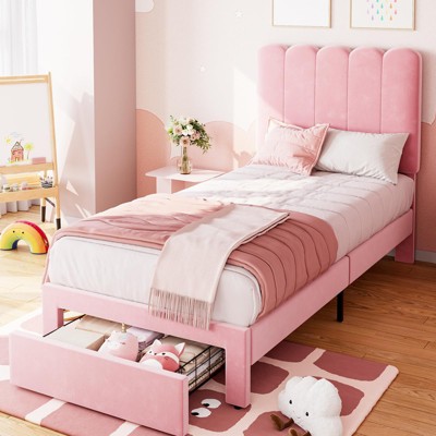 Twin Bed Frame with Storage Drawer and Headboard, Velvet Upholstered Twin Platform Bed Frame for Girls, Strong Wooden Slats Support