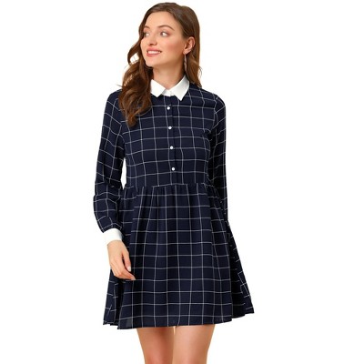 Allegra K Plaid Dress for Women's Contrast Collar 3/4 Sleeve