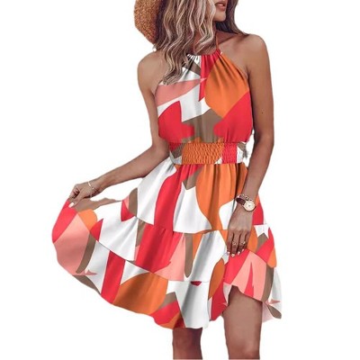 Womens Halter Summer Dress Open Back Sleeveless Flowy Mini Sundress A Line Shirred Waist Beach Dress Floral Boho Halter Dress