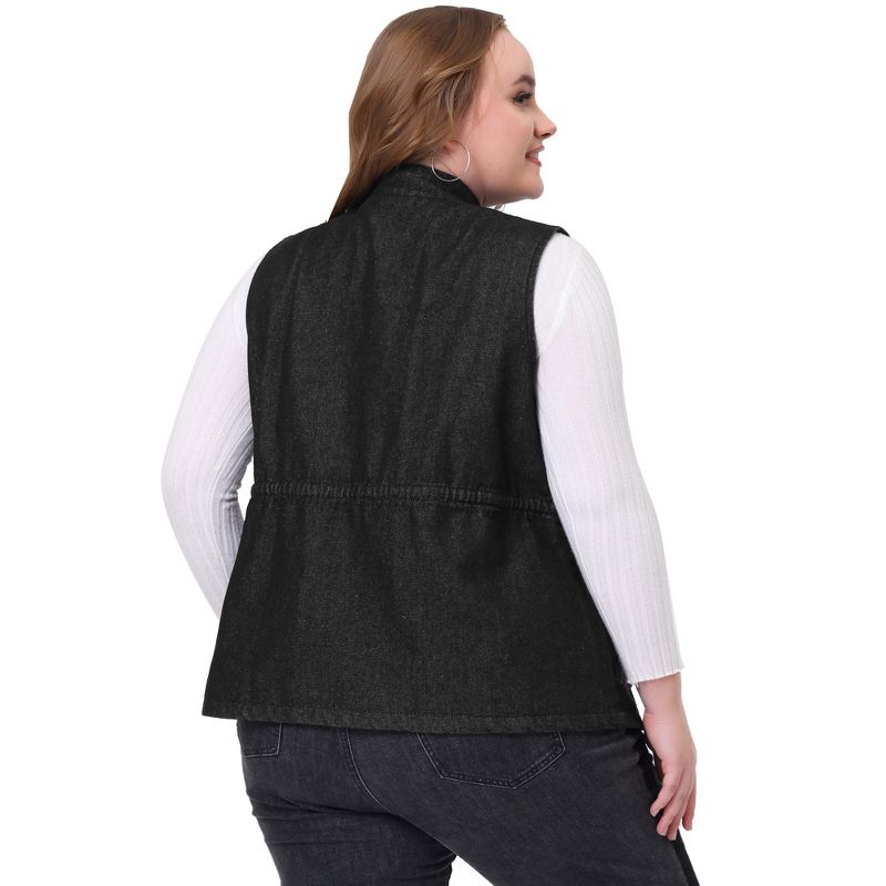 Agnes Orinda Women's Plus Size Utility Anorak Cargo Drawstring Jean Denim Jacket Vest, 3 of 7