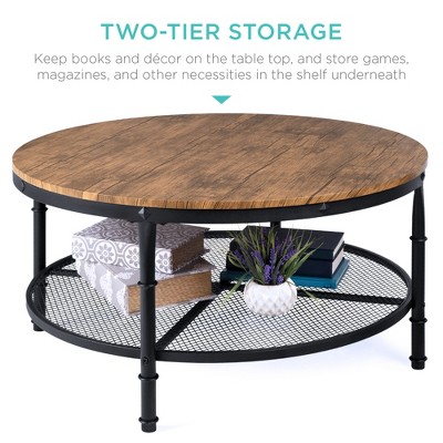 Brown Round Wood and Metal 2-Tier Coffee Table