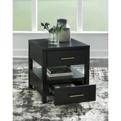 Black Rectangular Wood End Table with Storage and USB Ports