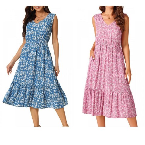 Женские платья INSPIRE CHIC Women's Summer Boho Beach V Neck Sleeveless Floral Flowy Tiered Midi Dress with Pockets 2 Packs Medium Blue/Pink