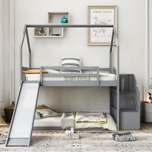 PAGED Twin Size Bunk Bed Pine Bed Frame with Storage Stairs and Guardrail for Bedroom, No Spring Box Required - 1 of 4