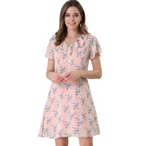Allegra K Women's Ruffle Neck Short Sleeve A-Line Flowy Chiffon Floral Dress - 1 of 4