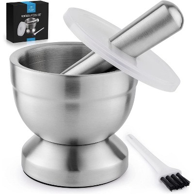 Zulay Kitchen 4-Inch Stainless Steel Mortar and Pestle Set Small - 1 Cup Pestle and Mortar With Protective Lid & Brush
