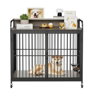 Dog Crate Furniture with Adjustable Height Feeder, Heavy Duty Dog Crate with 360° Wheels for Easy Mobility, Decorative End Table Pet House - 1 of 4