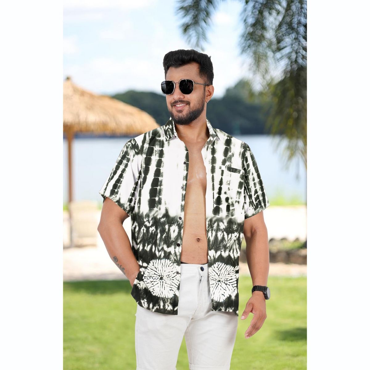 LA LEELA Men's Hawaiian Shirt Tops Summer 3X-Large Black Tie Dye - thumbnail 3