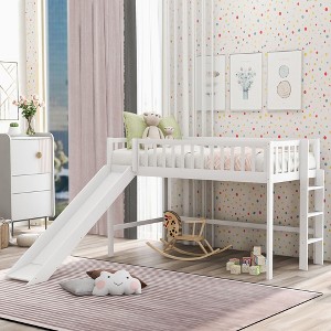 NicBex Twin Size Bunk Bed Low Level Design Bed Frame with Guardrails, Slide and Ladder, Space Saving, No Spring Box Required - 1 of 4