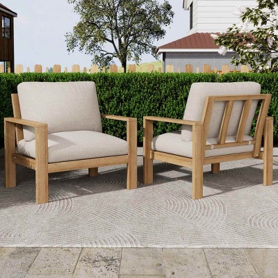Outdoor Wood Lounge Chair,Modern Upholstered Arm Chair with Acacia Wood Frame,Patio Accent Chairs for Backyard Garden-Coolbibila