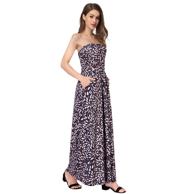 Women Strapless Floral Print Bohemian Boho Maxi Dress Casual Off Shoulder Beach Party Dress with Pockets, 2 of 6