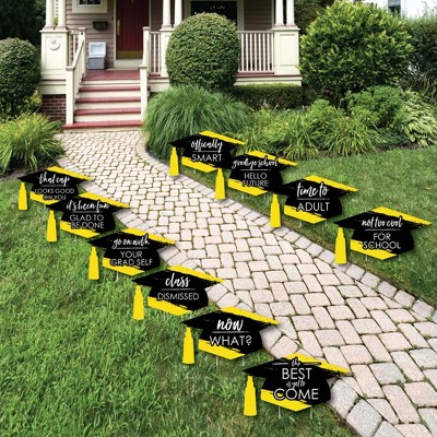 Big Dot of Happiness Yellow Grad - Best is Yet to Come - Grad Cap Lawn Decorations - Outdoor Yellow Graduation Party Yard Decorations - 10 Piece