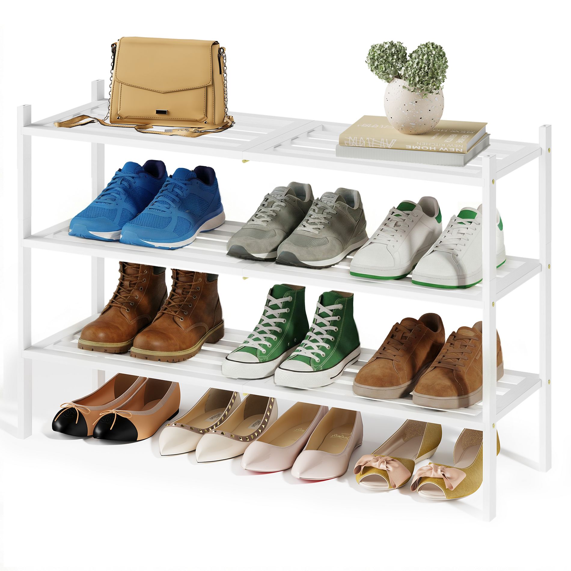 SONGMICS Bamboo Shoe Rack for Closet, Stackable Shoe Oragnizer, Space-Saving Freestanding Shelf, 3-Tier, Holds 12-16 Pairs
