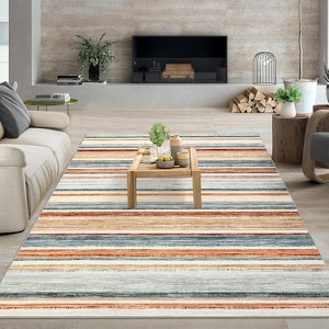 Modern Living Room Rug, Large Washable Striped Accent Carpet, Non-Slip, Stain-Resistant Low-Pile Foldable Floor Mat for Dining Room - 1 of 4
