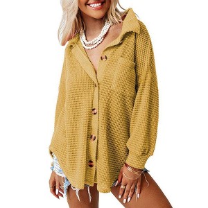 Clearlove Womens Waffle Knit Long Sleeve Button Down Shirts Casual Lightweight Shacket Dressy Blouses Tops - 1 of 4