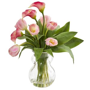 Nearly Natural 19-in Calla Lily & Tulips Artificial Arrangement in Decorative Vase - 1 of 4