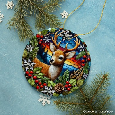 Majestic Winter Deer with Holly Branches Porcelain Ornament