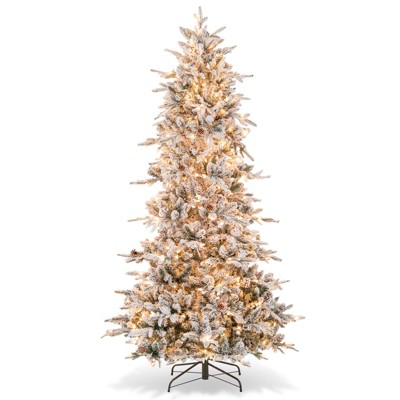 Tangkula 6/7.5 FT Pre-lit Artificial Christmas Tree Snow-flocked Hinged Xmas Tree with 210/350 Warm White Lights 715/1107 Mixed Branch Tips