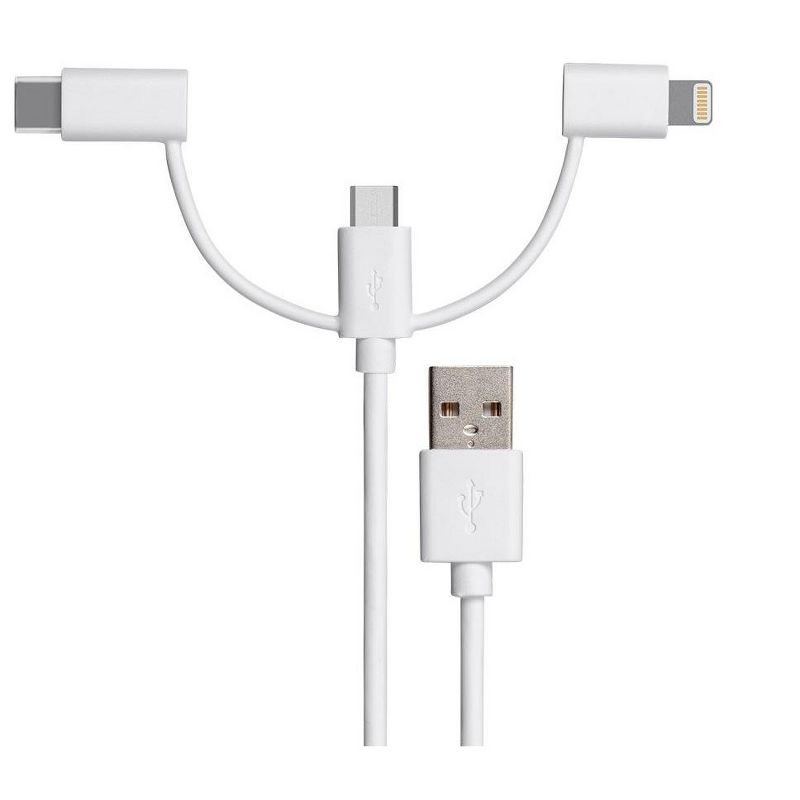 Monoprice MFi Certified USB to Micro USB + USB Type-C + Lightning 3 in 1 Charge & Sync Cable, 3ft White, 2 of 7