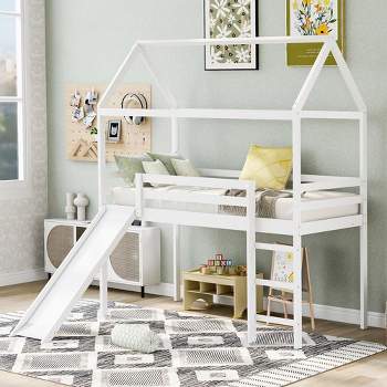 Twin Loft Bed With Slide Ladder Saving Space House Bed Frame Solid Wood Loft Bed With Guardrail, No Spring Box Needed, White