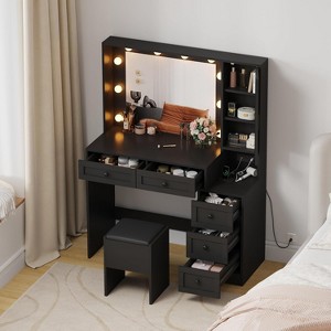 Makeup Vanity Set with Vanity Desk, Lighted LED Mirror, Charging Station, 5 Drawers, 3-Tier Cabinet, Upholstered Stool, Wooden Vanity Table - 1 of 4
