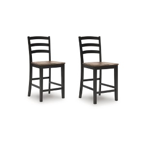 Signature Design by Ashley Wildenauer Counter Height Barstool - Deep Brown Butcher Block Seat with Satin Black Frame (Set of 2) - 1 of 4