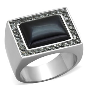 Slickblue Stainless Steel Men’s Ring Silver/Black, Smoked Quartz Cat Eye Stone, Oblong Shape, Polished Look, Size 8–13 - 1 of 4