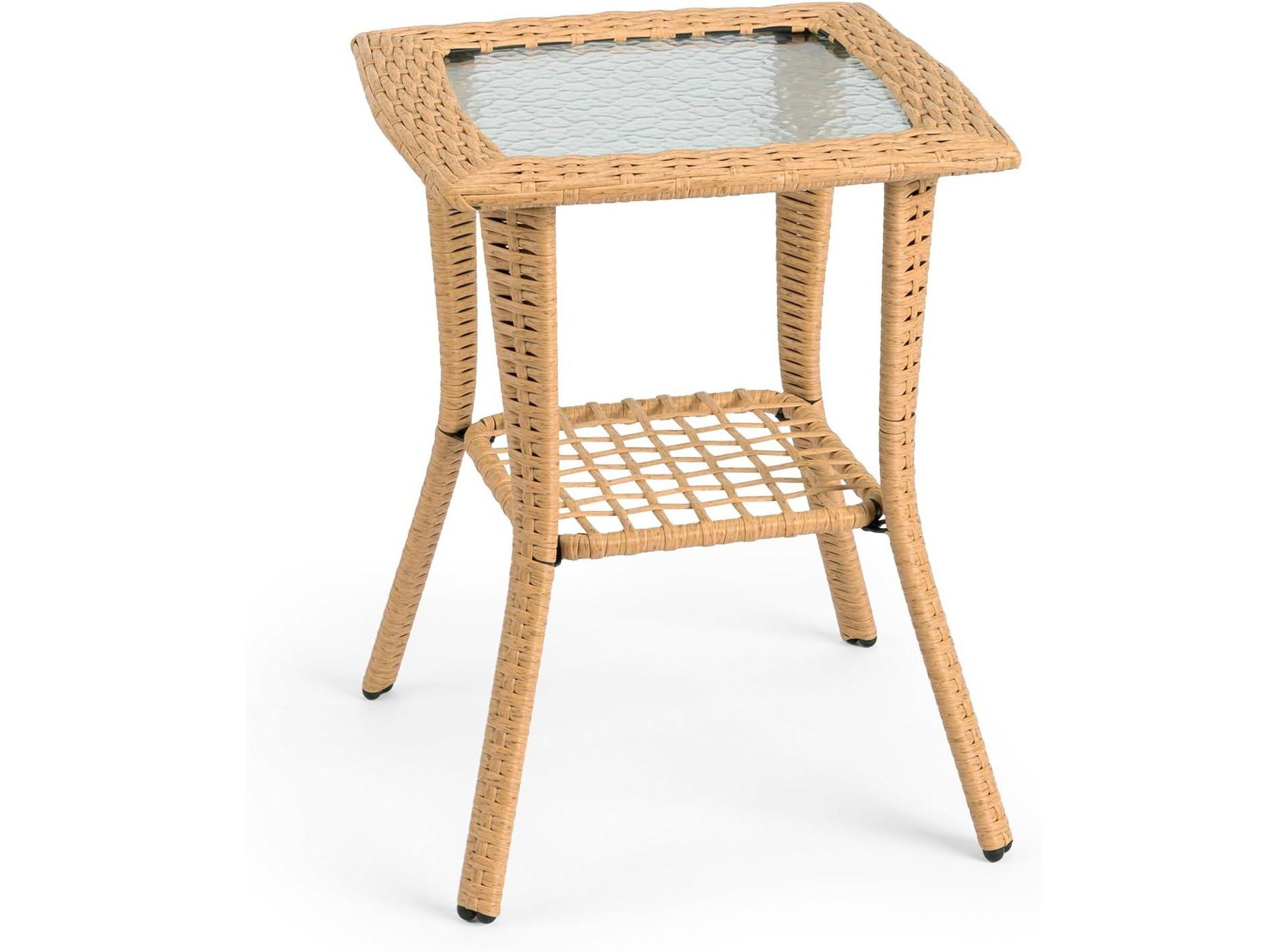 VINGLI Outdoor Side Table with Storage Wicker Patio Side Table, Tempered Glass Top End Table for Balcony Porch Deck