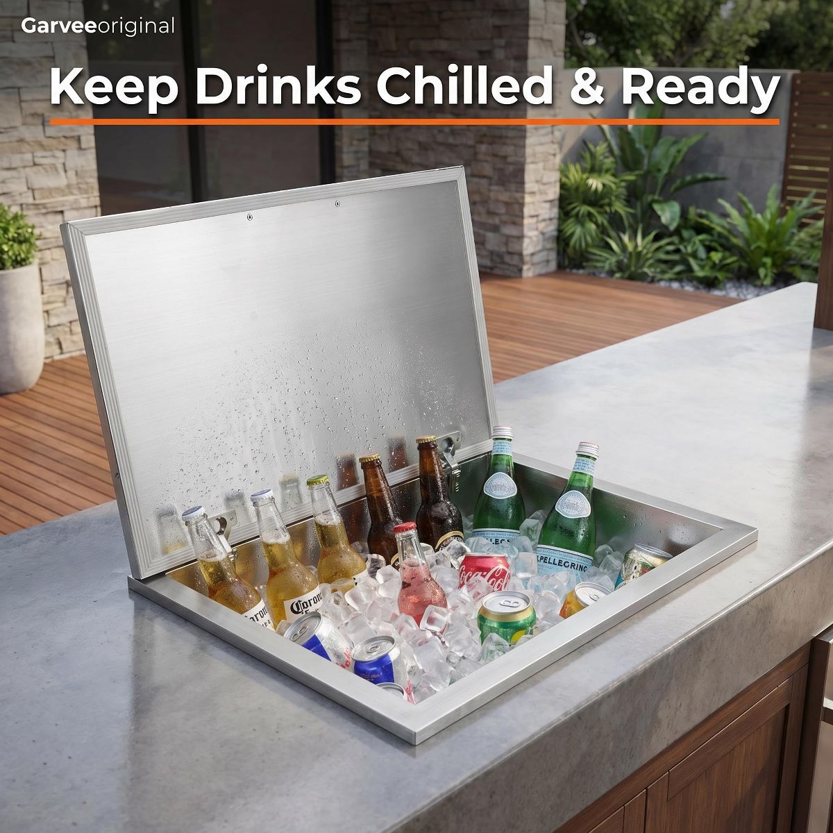 Drop In Stainless Steel Ice Cooler Bin with Lid and Drain Hole, Insulated Ice Storage Container