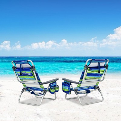 Blue and Green Striped Aluminum Folding Beach Chairs with Arms