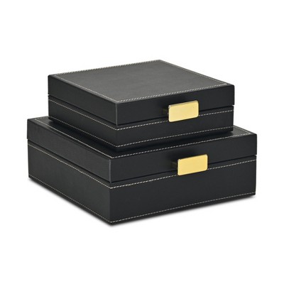 Cheung's Lithos Vintage Square Style Set of 2 Boxes with Stitched Accents & Gold Handles - Black