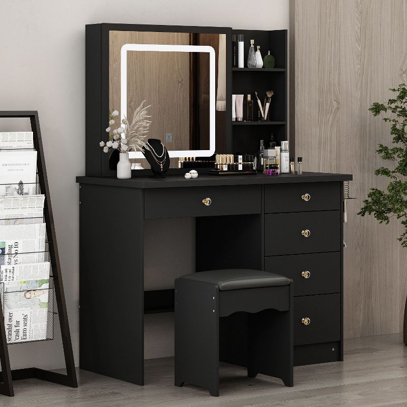 FAMAPY Vanity Table Set Vanity Set Dressing Table w/Lighted Makeup Mirror and Charging Station Dressing Black, 3 of 14