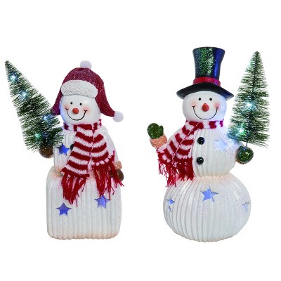 Transpac Resin 12 in. White Christmas Light Up Cheerful Snowman Set of 2