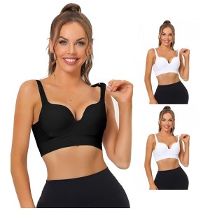 Allegra K Women's Medium Impact Workout Wireless Padded Deep V Neck Fitness Sports Bras 3 Packs - 1 of 4