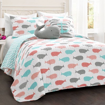 5pc Full/Queen Whale Bedding Set with Whale Throw Pillow Pink/Aqua - Lush Décor