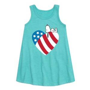 Girls' - Peanuts - Snoopy On Flag Heart Graphic Sleeveless Aline Dress - 1 of 4