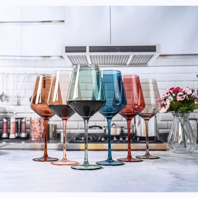 Set of 6 Multi-Colored Hand-Blown Crystal Wine Glasses