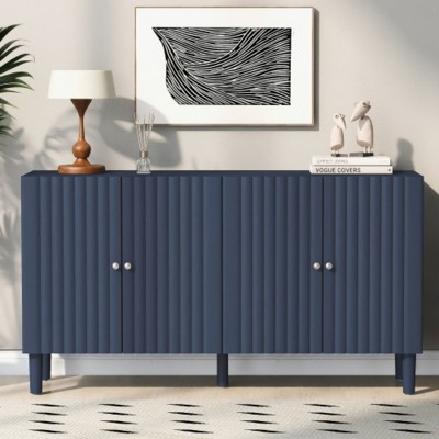 Modern four door side panel with wavy doors, round legs, and metal handles - multifunctional cabinet