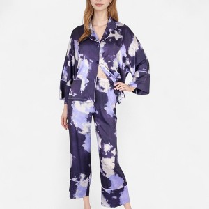 Anna-Kaci Lounge Women's Satin Pajama Set with Cloud Print Long Sleeve Button Top and Wide Leg Pants - 1 of 4
