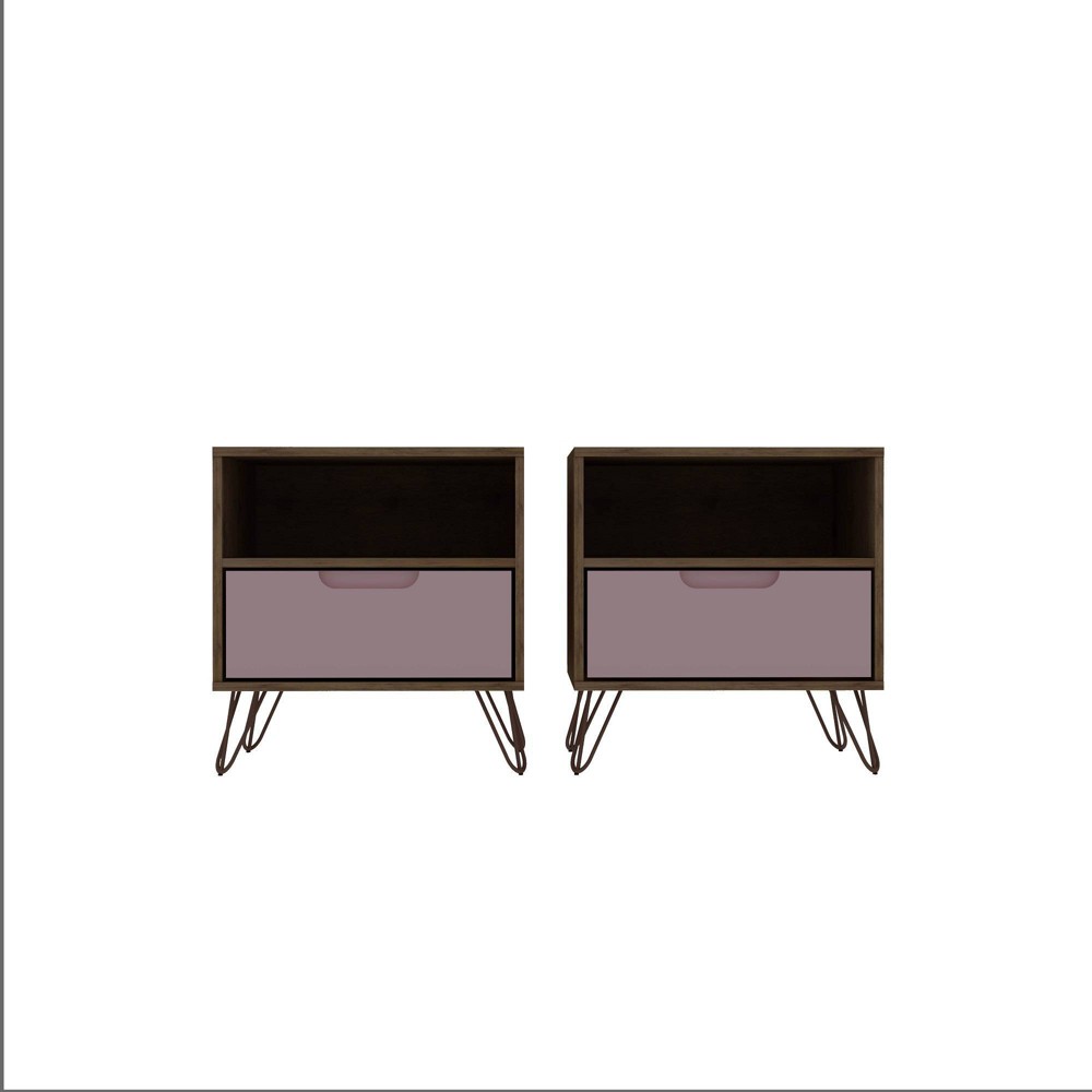 Set of 2 Rockefeller 1 Drawer Nightstands Nature/Rose Pink - Manhattan Comfort: Mid-century Design, Metal Legs, MDF